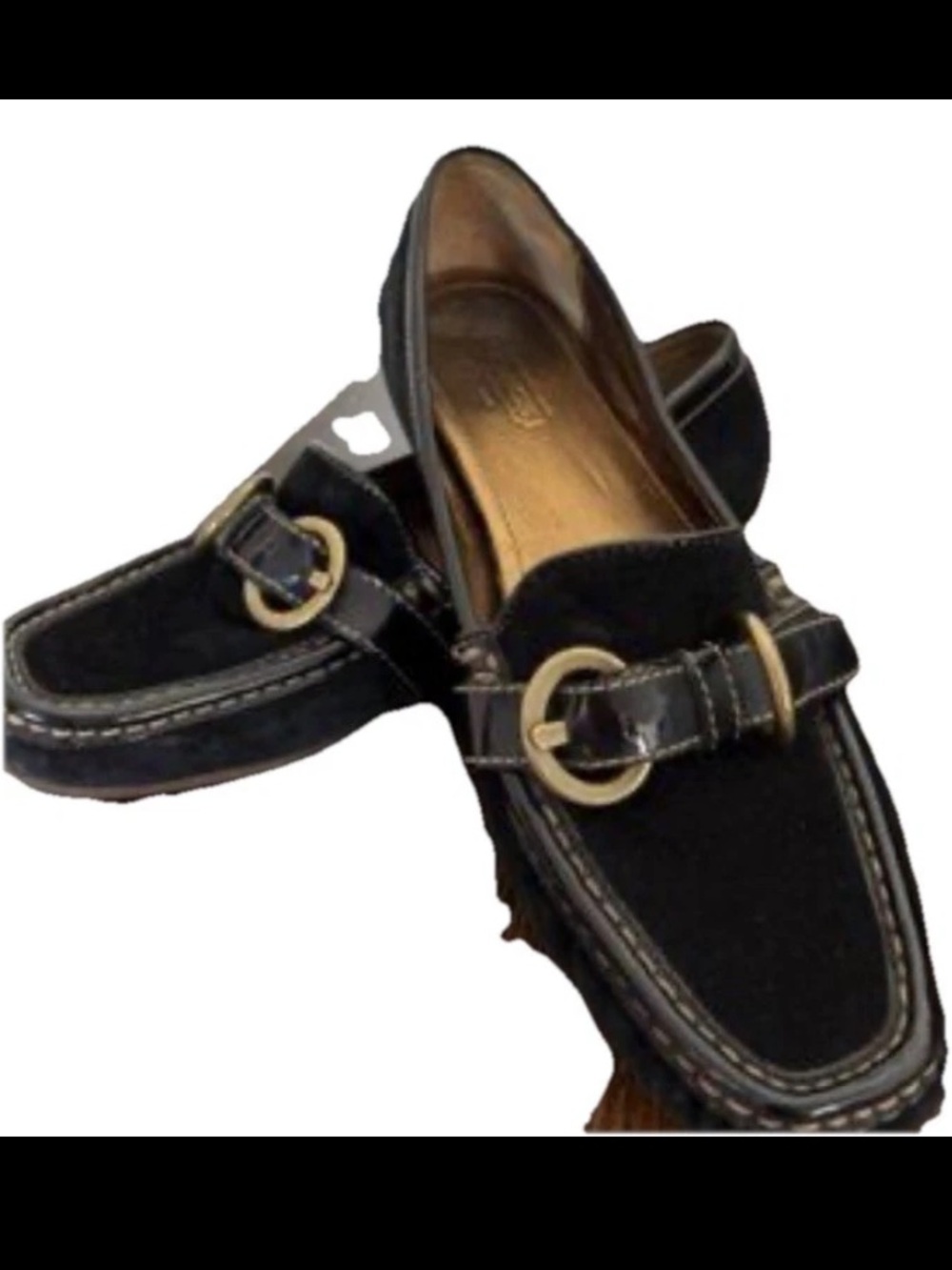 Coach Women Size 8.5 Sharin Black Leather Suede Buckle Patent Trim Loafers Shoe - Picture 4 of 14